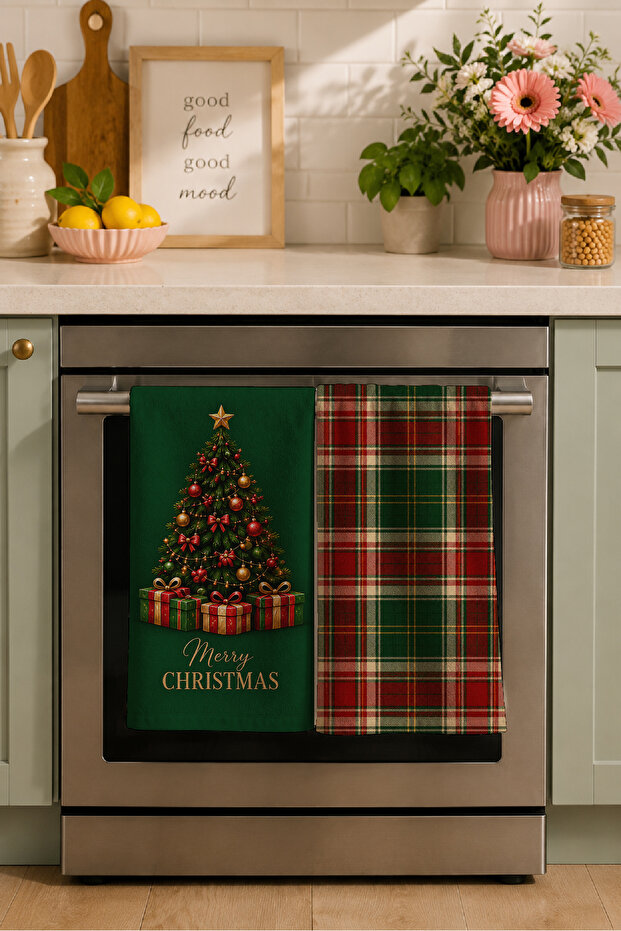 Tartan Christmas Pine Christmas Tree Green Red Plaid Patterned 2-Piece Kitchen Towel Set 35X55