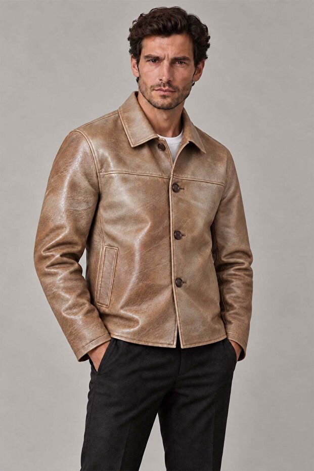 Camel Theo Men's Vintage Vintage Genuine Leather Coat