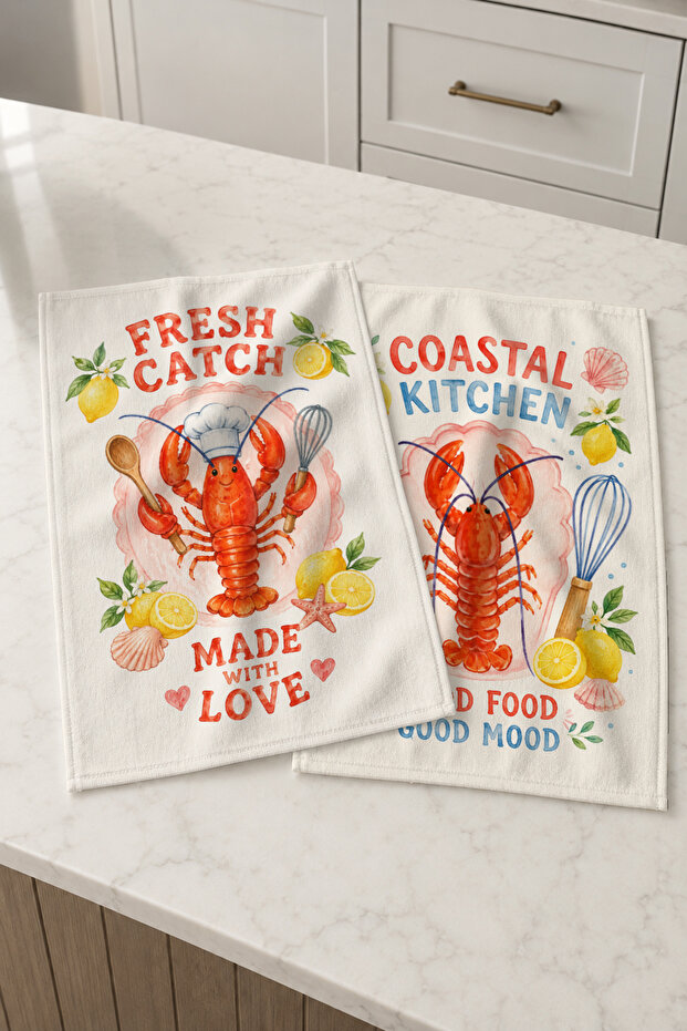 Lobster Kitchen Lobster Chef and Lemon Patterned Mediterranean Kitchen Modern 2-Piece Kitchen Towel Set 35X55
