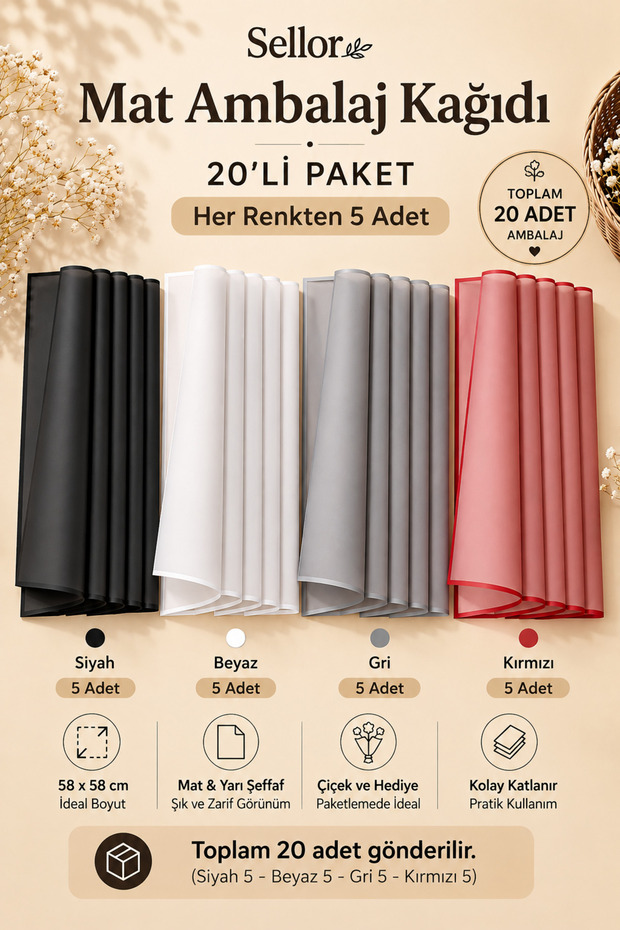 20 Pack Matte Flower Wrapping Paper 57X57Cm 4 Colors Black White Gray Red Bouquet Packaging