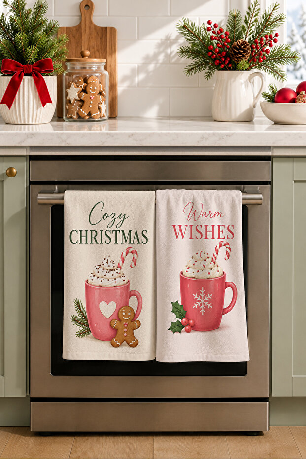 Warm Cocoa Pair Hot Chocolate and Cookie Cream Christmas Patterned 2-Piece Kitchen Towel Set 35X55