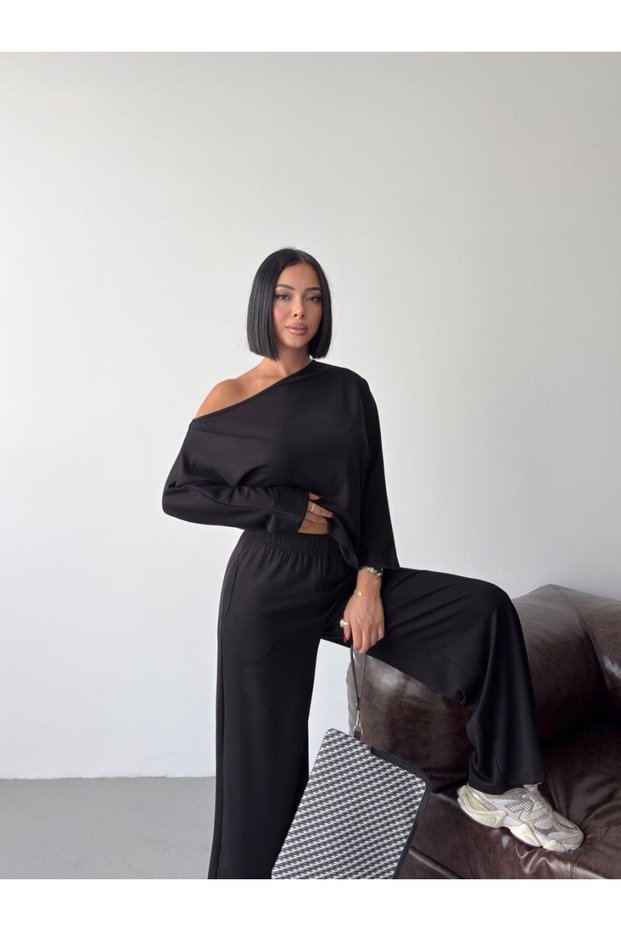 Women's One-Shoulder Casual Blouse and Wide-Leg Pants Two-Piece Set