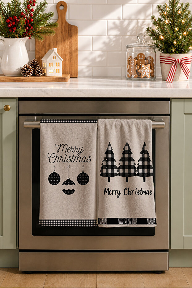 Monochrome Christmas Black and White Christmas Tree and Ornament Patterned Modern 2-Piece Kitchen Towel Set 35X55