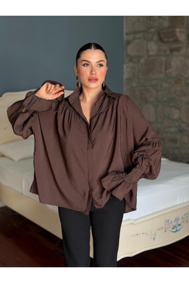 Women's Oversize Casual Collar Detailed Flounce Sleeves Textured White Shirt