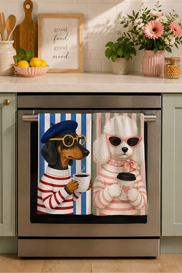 Parisian Coffee Pups Dog Coffee and Paris Themed Pink Kitchen Patterned 2-Piece Kitchen Towel Set 35X55