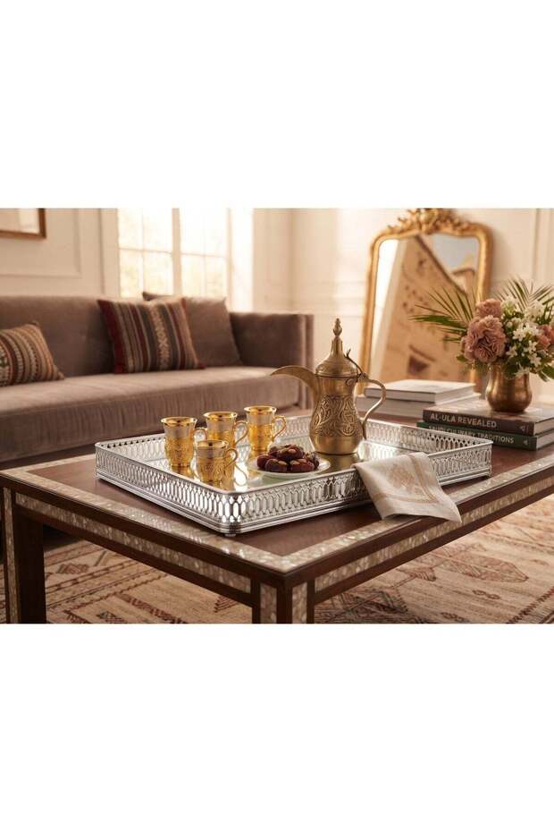 Rectangular Silver Mirror Serving Tray, Stainless Steel Decorative Tray for Tea, Coffee, Dates & Sweets, Compact Home & Majlis Tray – 40 × 26 × 4 cm