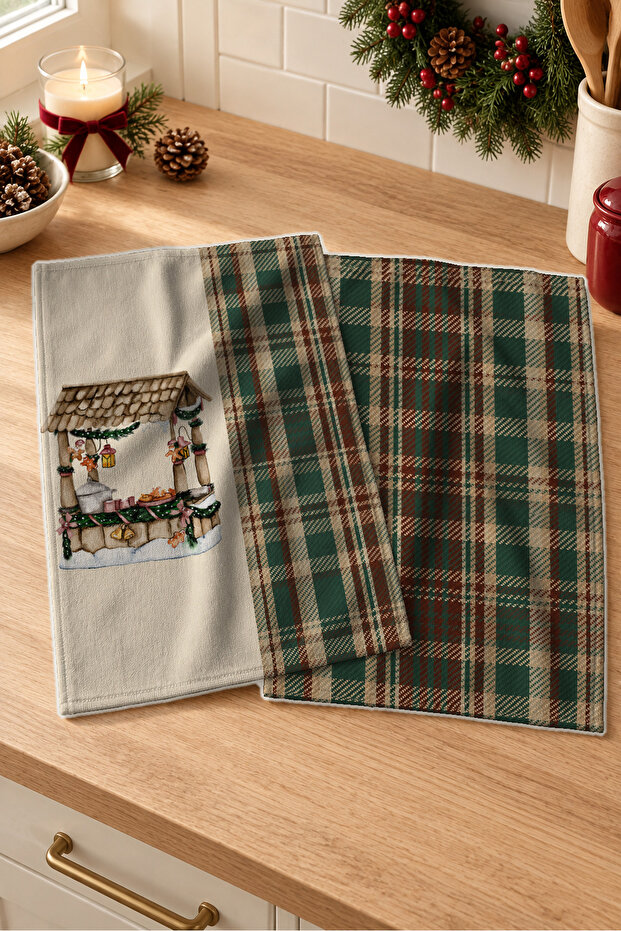 Christmas Market Plaid Christmas Market Hut and Green Plaid Patterned 2-Piece Kitchen Towel Set 35X55