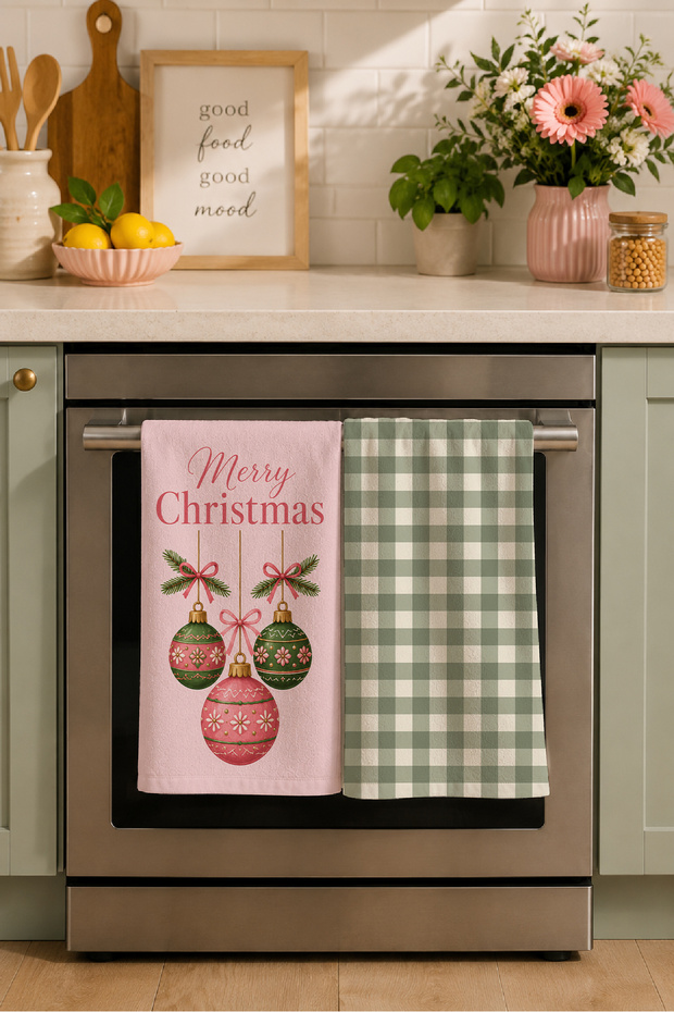 Ornament Wishes Sage Colored Christmas Ornaments and Green Plaid Patterned 2-Piece Kitchen Towel Set 35X55