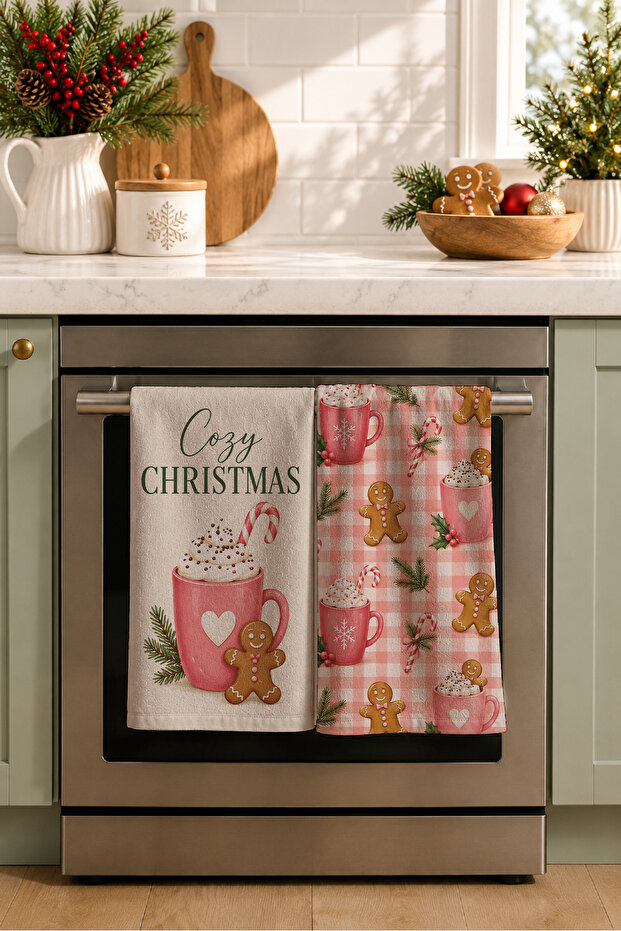 Cozy Cocoa Check Hot Chocolate Cookies and Pink Checkered Christmas 2-Piece Kitchen Towel Set 35X55