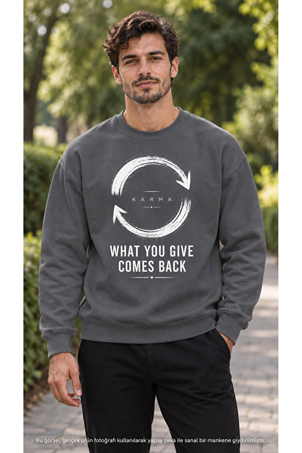 Men's Circular Arrow Symbol and Mixed Text Printed Crew Neck Casual Regular Fit Sweatshirt