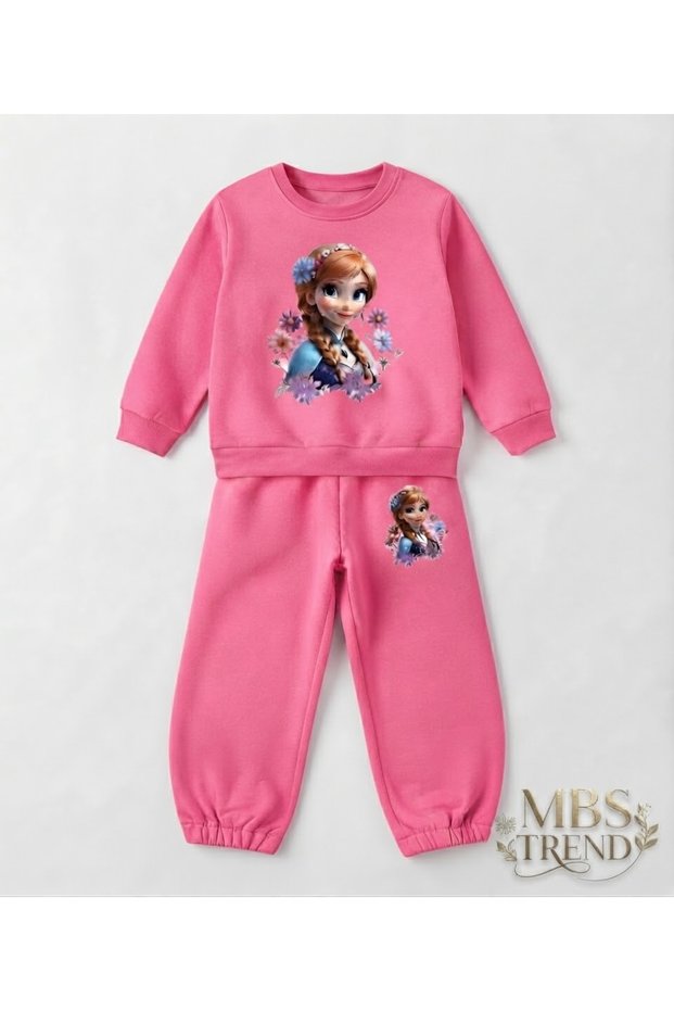 Winter Girl's Pink Floral Princess Printed Two Yarns Tracksuit Set