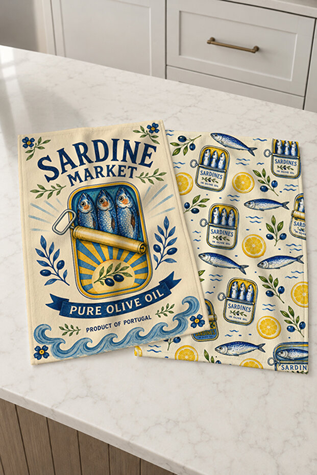 Sardine Market Sardine Canned and Olive Patterned Retro Mediterranean 2-Piece Kitchen Towel Set 35X55