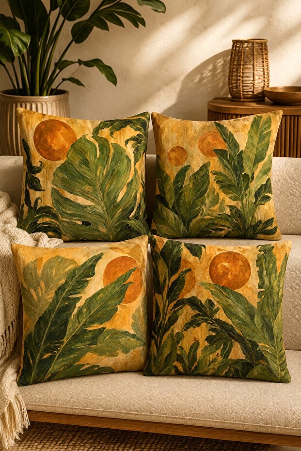 Sun and Botanical Leaf Patterned 4-Piece Throw Pillow Cover Set