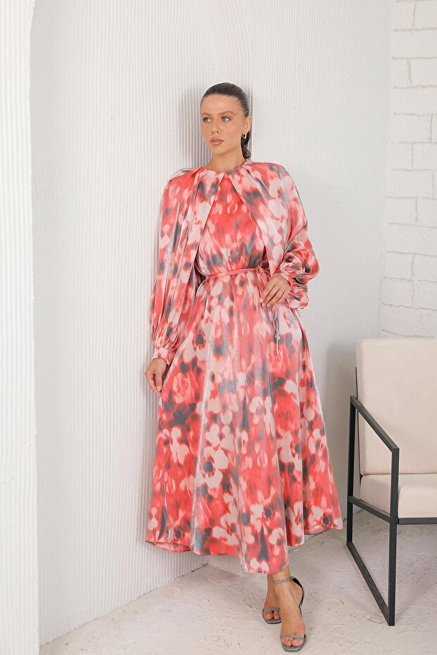 Digital Printed Satin Stylish Dress Red