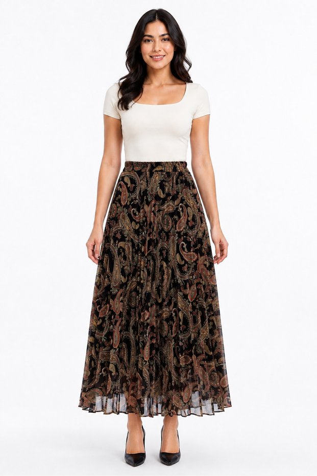 Women's Patterned Elastic Waist Lined Long Pleated Chiffon Skirt - Patterned3