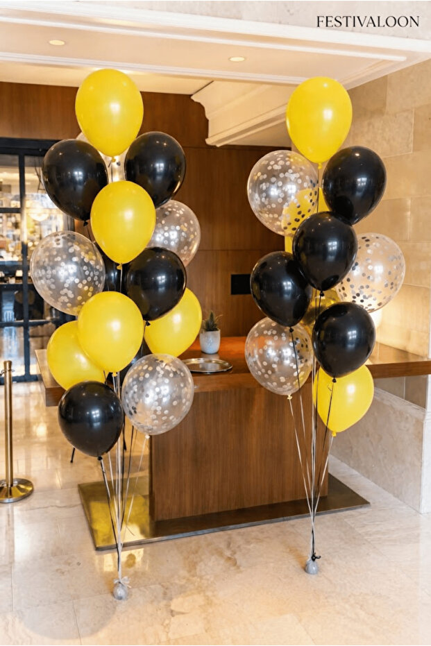 Yellow Black Transparent 20 Balloon Set with Silver Confetti Birthday Party Decoration and Organization Decor