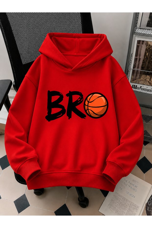Unisex Kids' Hooded Printed Sweatshirt 3 Thread Threaded Sweatshirt