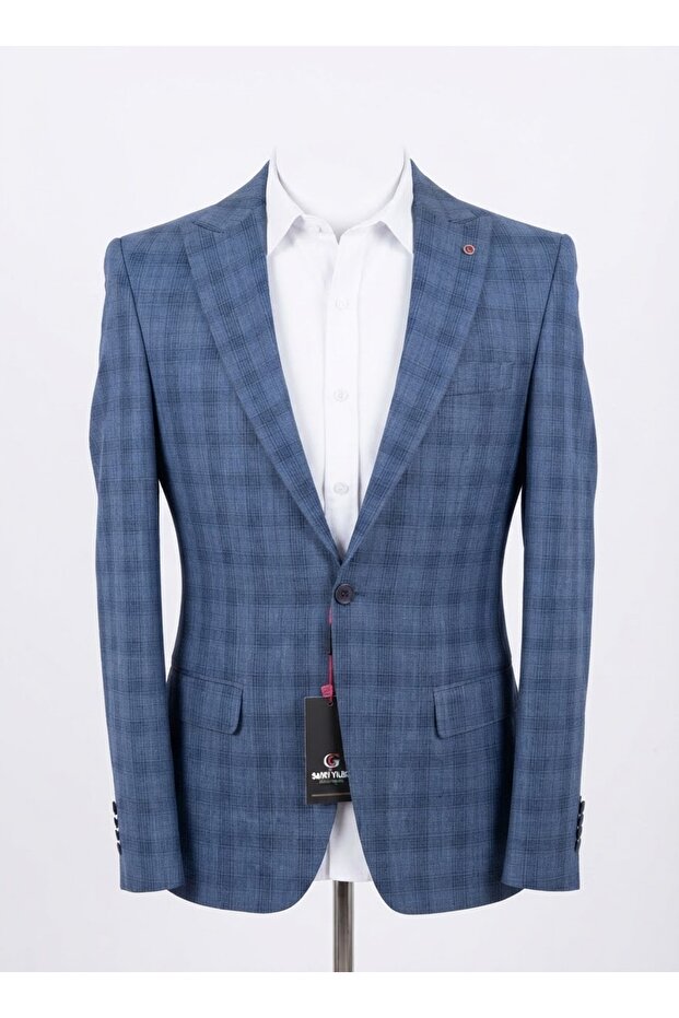 Men's Slim Fit Plaid Patterned Blazer Single Button Jacket