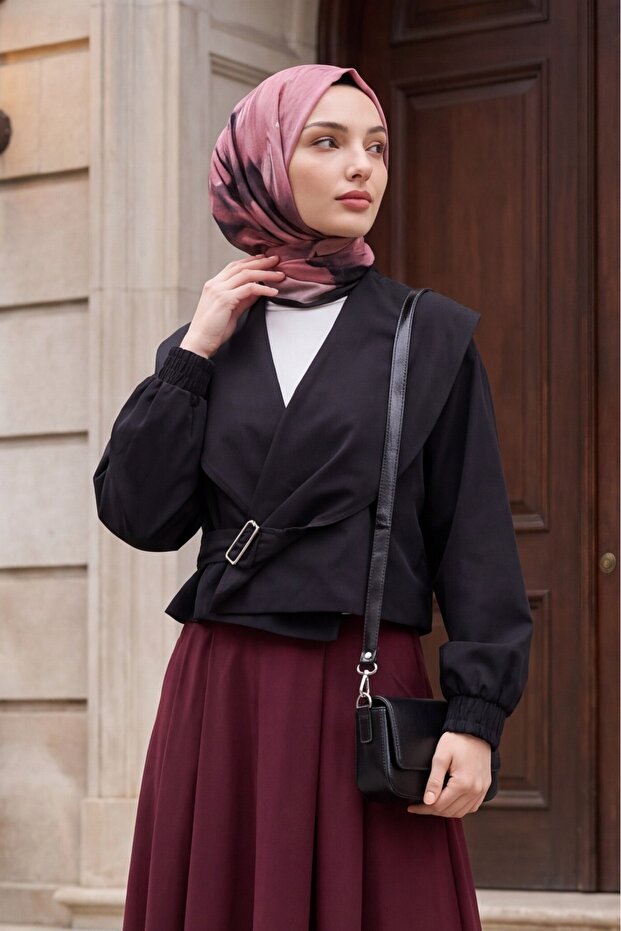 Shawl Collar Elastic Waist Buckle Detailed Crop Jacket - Black