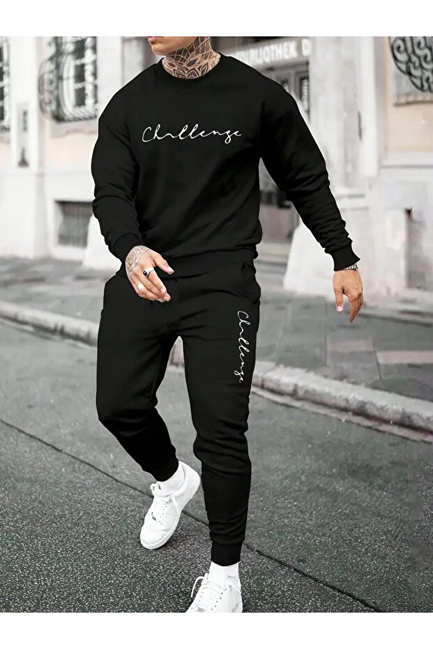 Minimal Logo Printed Crew Neck Top and Jogger Bottom Tracksuit Set
