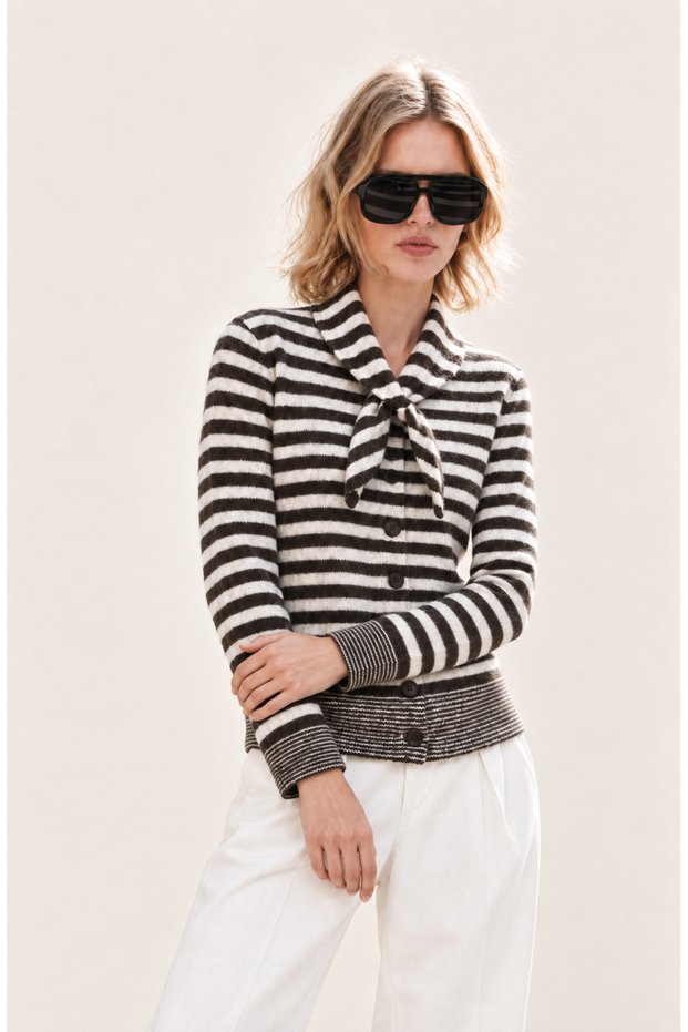 Women's Soft Textured Striped Knitwear Cardigan Scarf Collar Buttoned Long Sleeve Cardigan