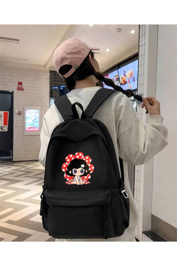 Black Cute Anime Girl Red Printed School, Class, Course Backpack