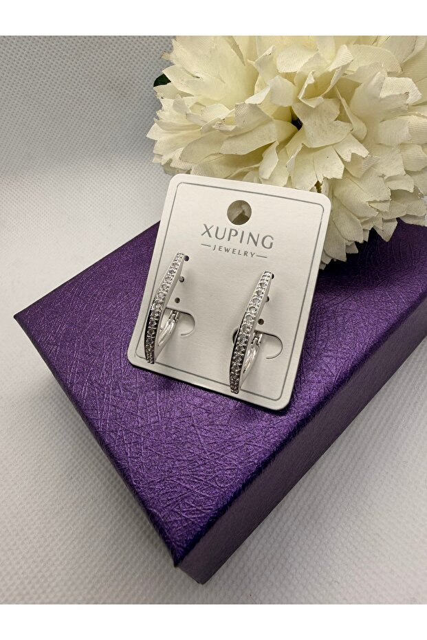 Zircon Stone Silver Color Bar Model Steel Earrings