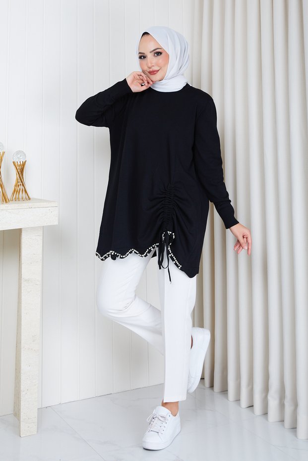 Women's Mercerized Knitwear Tunic with Gathered Hem and Pearl Detail
