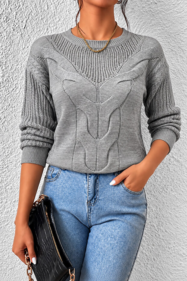 Women's Crew Neck Long Sleeve Openwork Hair Braided Gray Knitwear Sweater