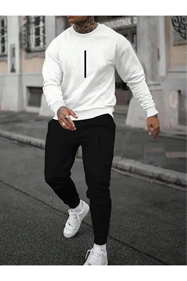 Unisex Minimal Printed Crew Neck Top Jogger Pants Tracksuit Set