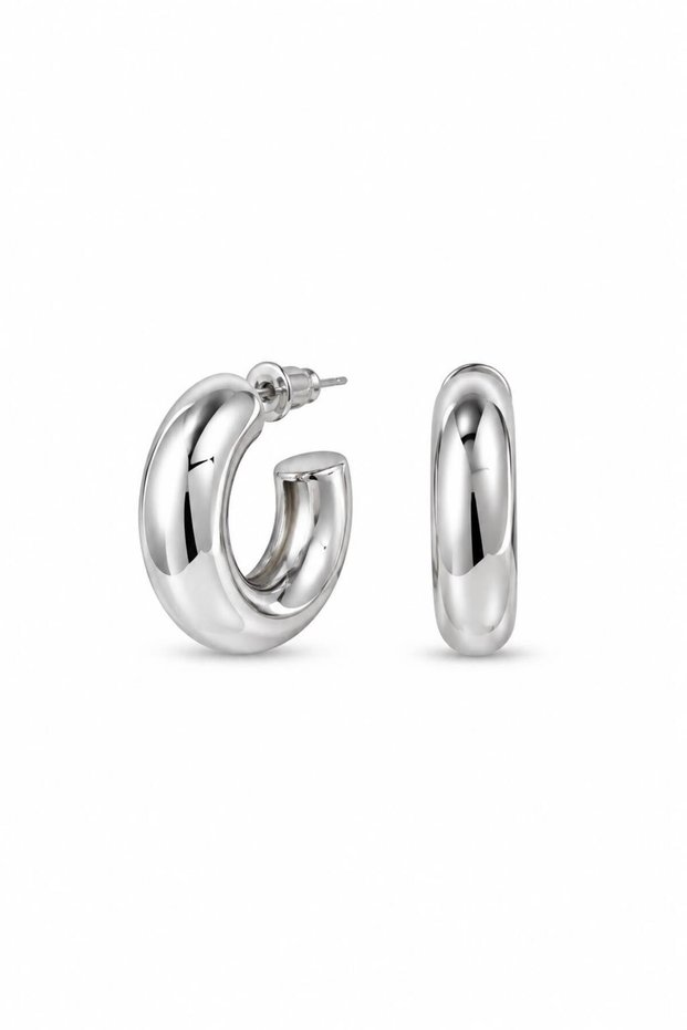 Steel Puffy Curved Medium Hoop Earrings - Silver