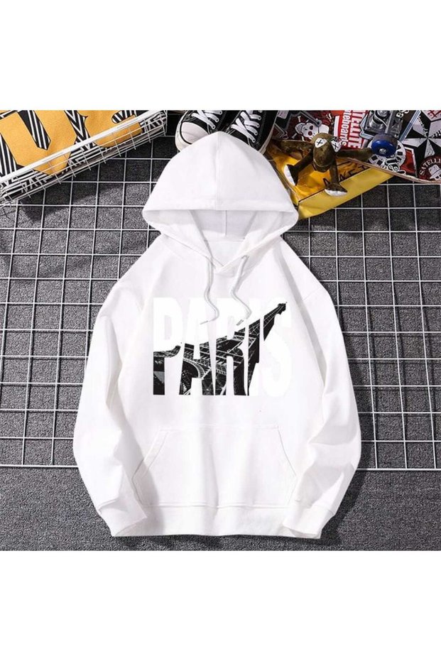 Unisex White Oversize Hooded Sweatshirt with Kangaroo Pocket, 3 Thread Raster Hoodie