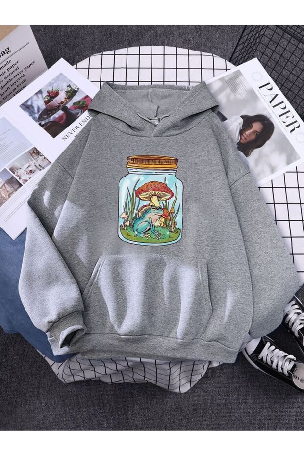 Unisex Gray Relaxed Fit Hooded Kangaroo Pocket Thick Sweatshirt
