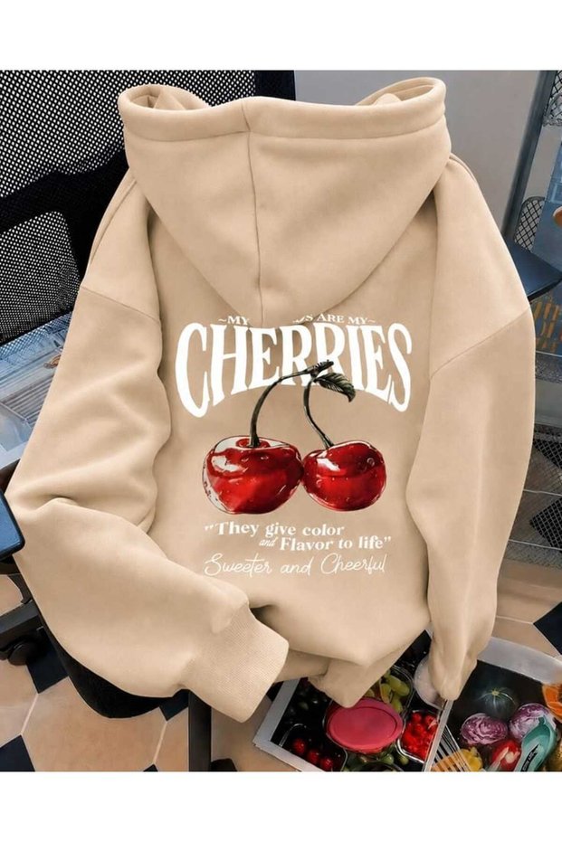Unisex Beige Relaxed Fit Hooded Kangaroo Pocket Thick Sweatshirt