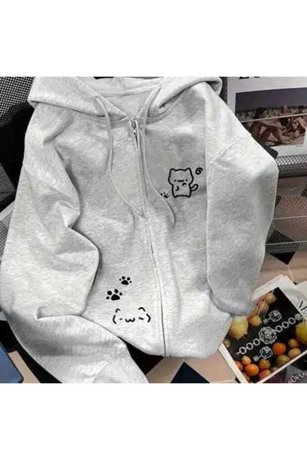 Unisex Gray 3 Thread Threaded Oversize Hooded Sweatshirt Basic Comfortable Cut