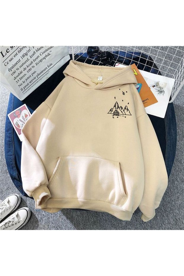 Unisex Beige Relaxed Fit Hooded Kangaroo Pocket Thick Sweatshirt
