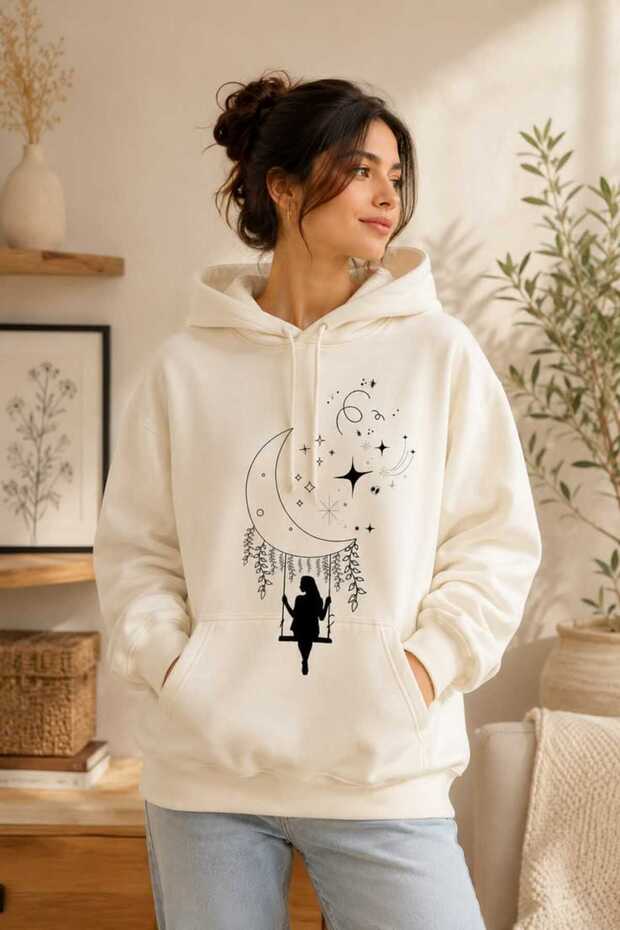 Unisex Beige Low Shoulder Oversize Hooded Casual Sweatshirt with Kangaroo Pocket