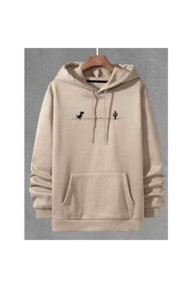 Unisex Beige Oversize Hooded Sweatshirt with Kangaroo Pocket, 3 Thread Raster Hoodie