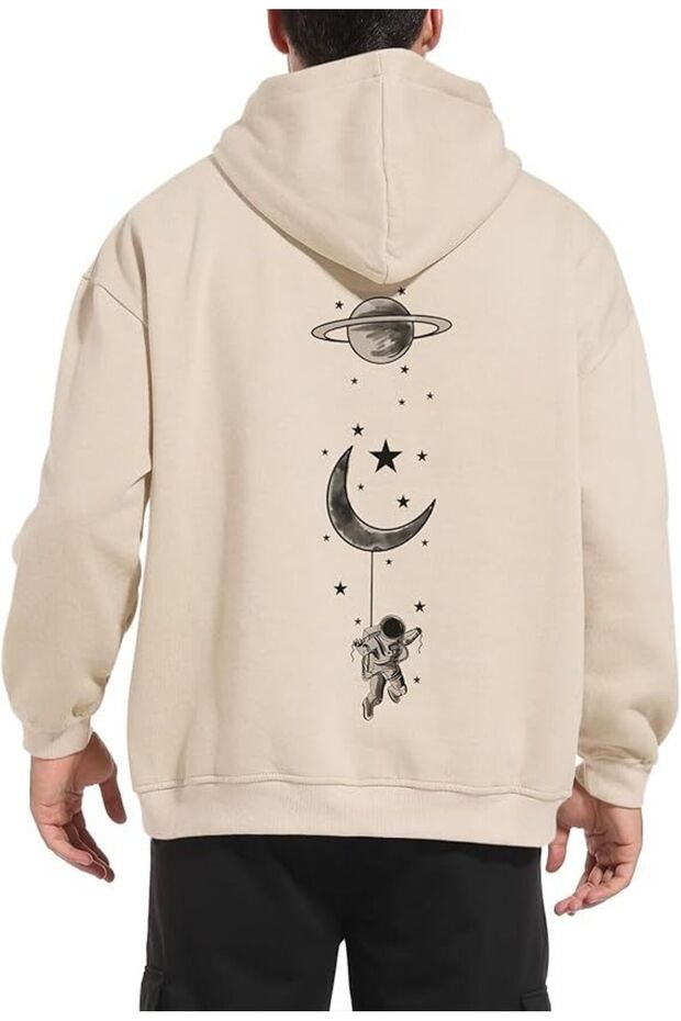 Unisex Beige Loose Cut Hooded Sweatshirt with Inner Pockets Warm Hoodie