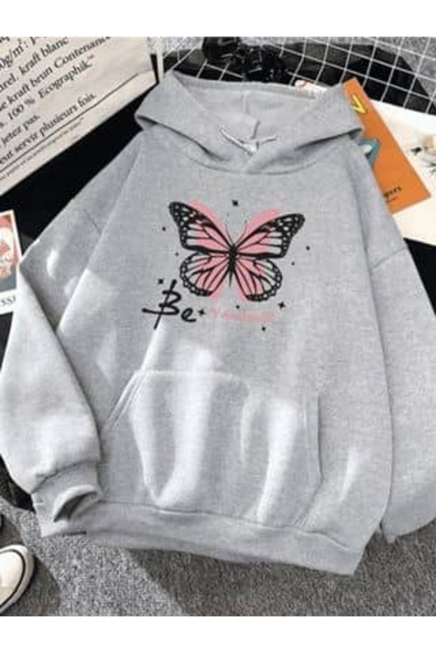 Unisex Gray Streetwear Oversize Hooded Casual Cotton Sweatshirt with Pockets