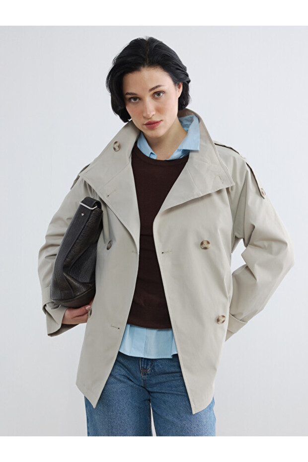 Esvab • Modern & Distinctive Women's Gabardine Trench Coat with Stand Collar and Belt