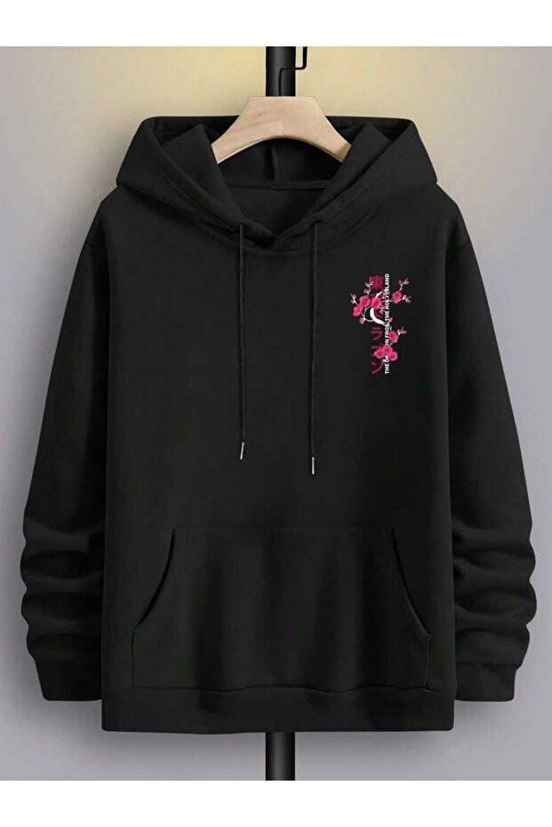 Unisex Black Off-Shoulder Oversize Hooded Casual Sweatshirt with Kangaroo Pocket