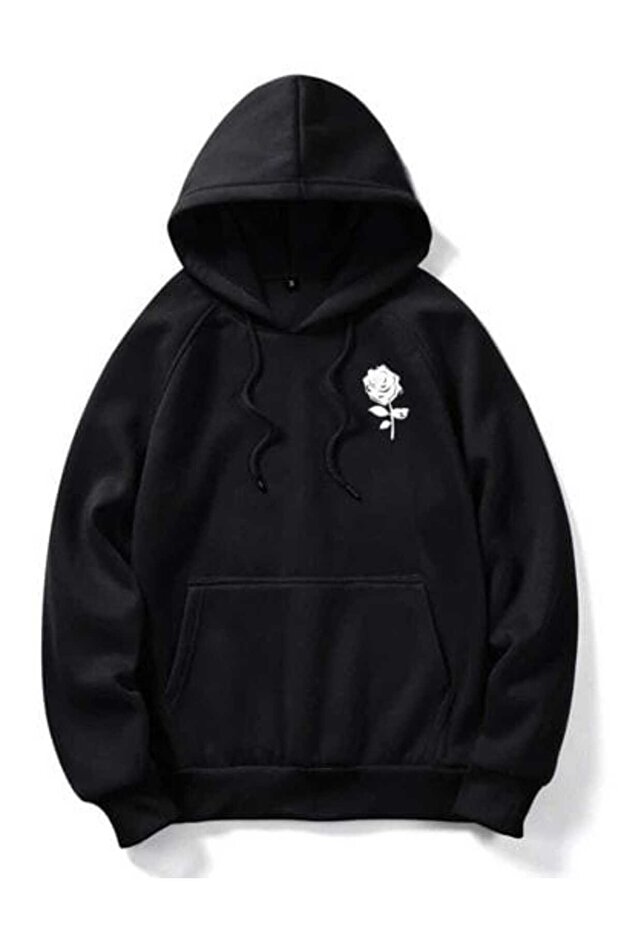 Unisex Black 3 Thread Threaded Oversize Hooded Sweatshirt Basic Comfortable Cut