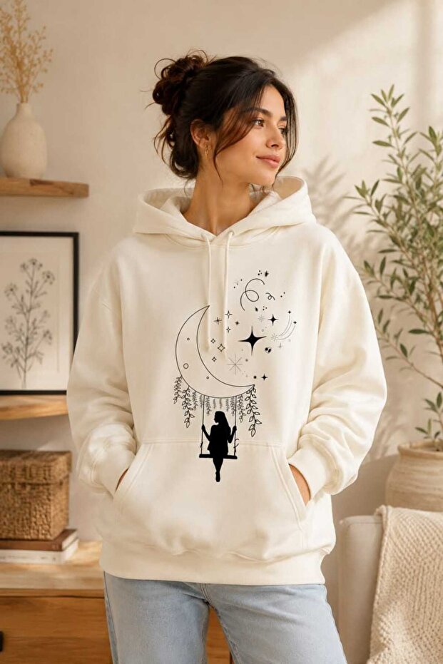 Unisex Beige Low Shoulder Oversize Hooded Casual Sweatshirt with Kangaroo Pocket