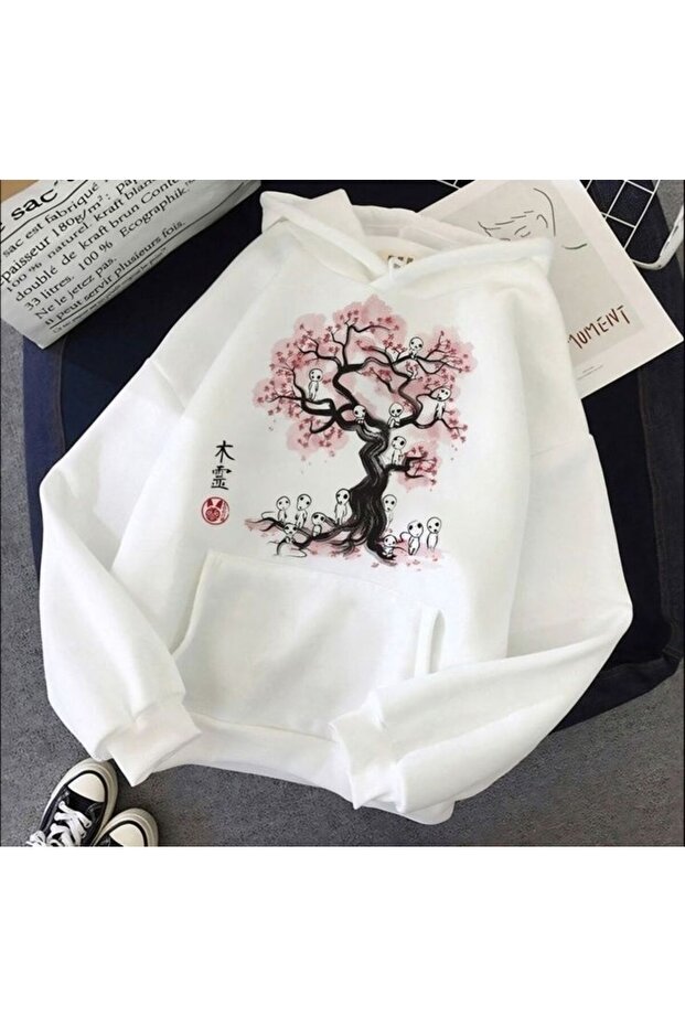Unisex White 3 Thread Raster Oversize Hooded Sweatshirt Basic Comfortable Cut