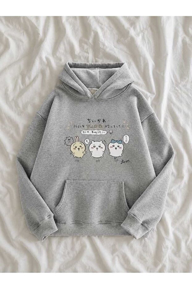 Unisex Gray 3 Thread Threaded Oversize Hooded Sweatshirt Basic Comfortable Cut