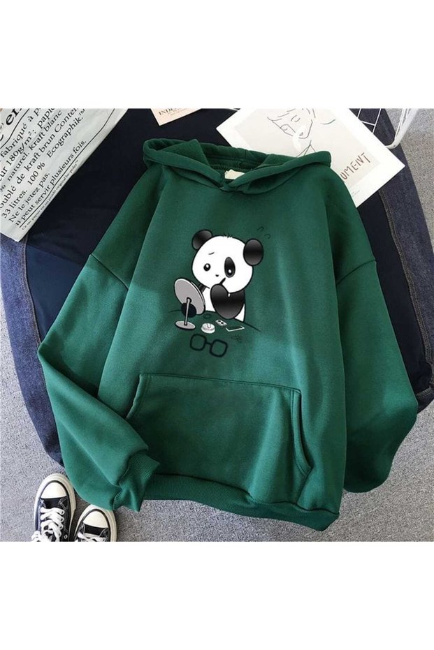 Unisex Green Streetwear Oversize Hooded Casual Cotton Sweatshirt with Pockets