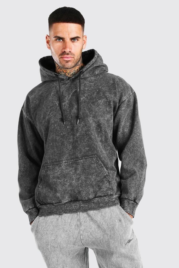 Unisex Anthracite Acid Wash Vintage Hooded Sweatshirt Comfortable Fit Hoodie