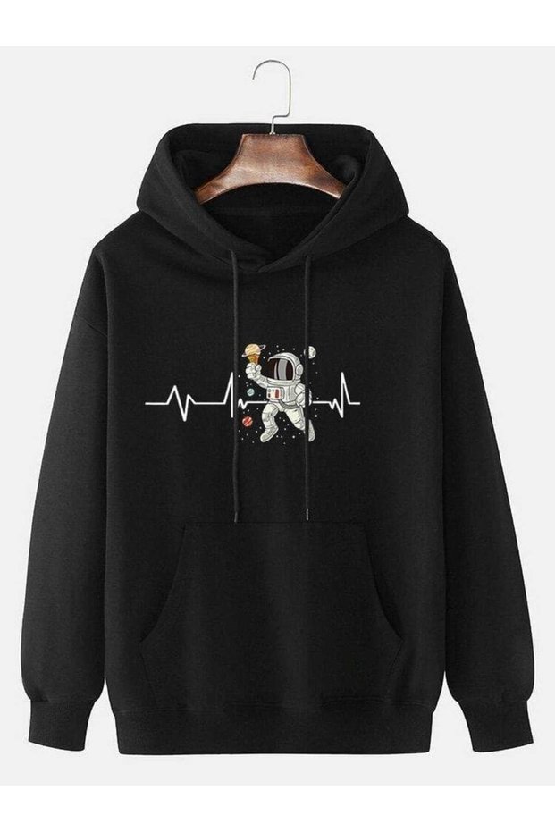 Modexa Unisex Hoody Black 3 Thread Raster Oversize Hooded Sweatshirt Basic Comfortable Cut