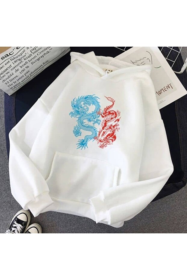 Unisex White Loose Fit Hooded Sweatshirt with Inner Pockets, Warm Hoodie